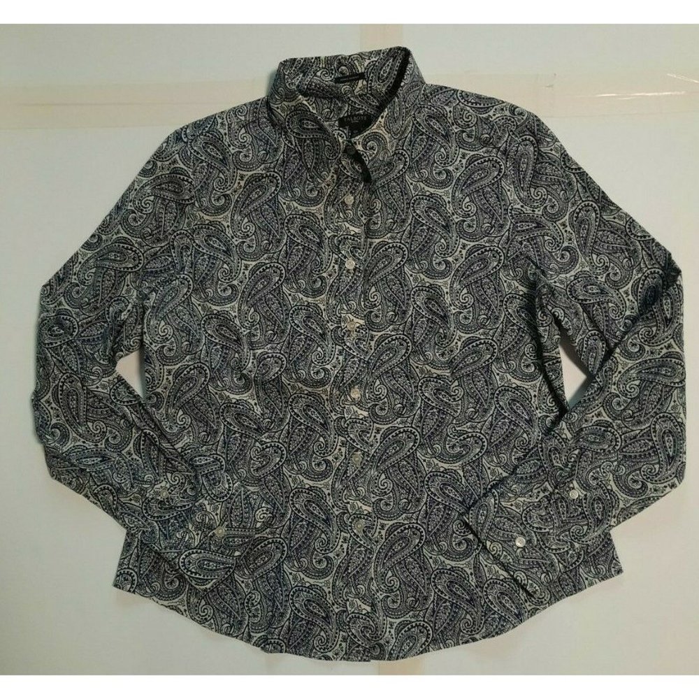 Talbots petites womens blue paisley button front collar shirt size 12 P